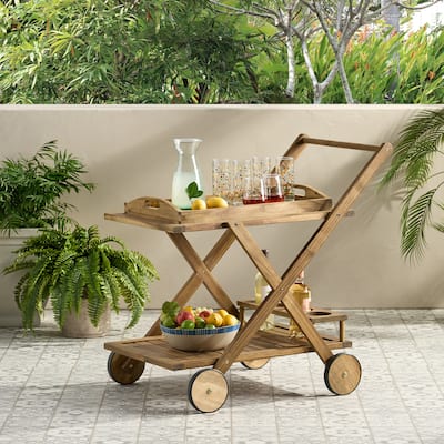 Riviera Outdoor Acacia Wood Bar Cart with Tray by Christopher Knight Home