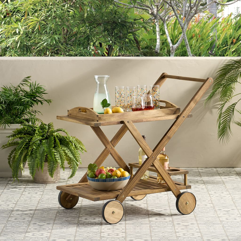 Riviera Outdoor Acacia Wood Bar Cart with Tray by Christopher Knight Home