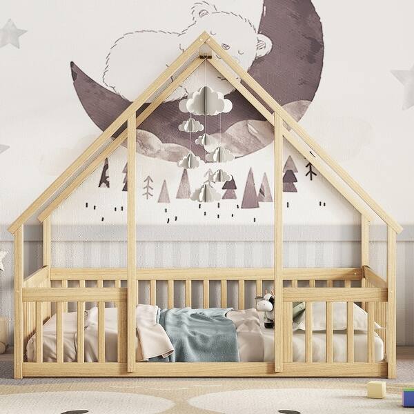 slide 2 of 36, Full Floor House Bed with Fence,Guardrails for Home Natural
