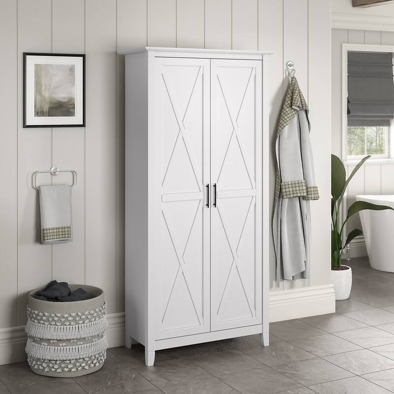 Key West Tall Bathroom Cabinet with Doors & Shelves by Bush Furniture - Pure White Oak