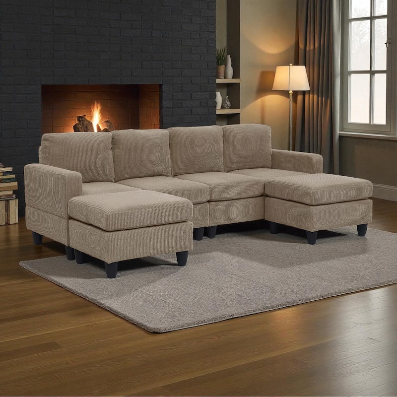 101" Modular Corduroy Sectional Sofa with Ottoman, Removable Cushions, Textured Upholstery for Living Room Comfort