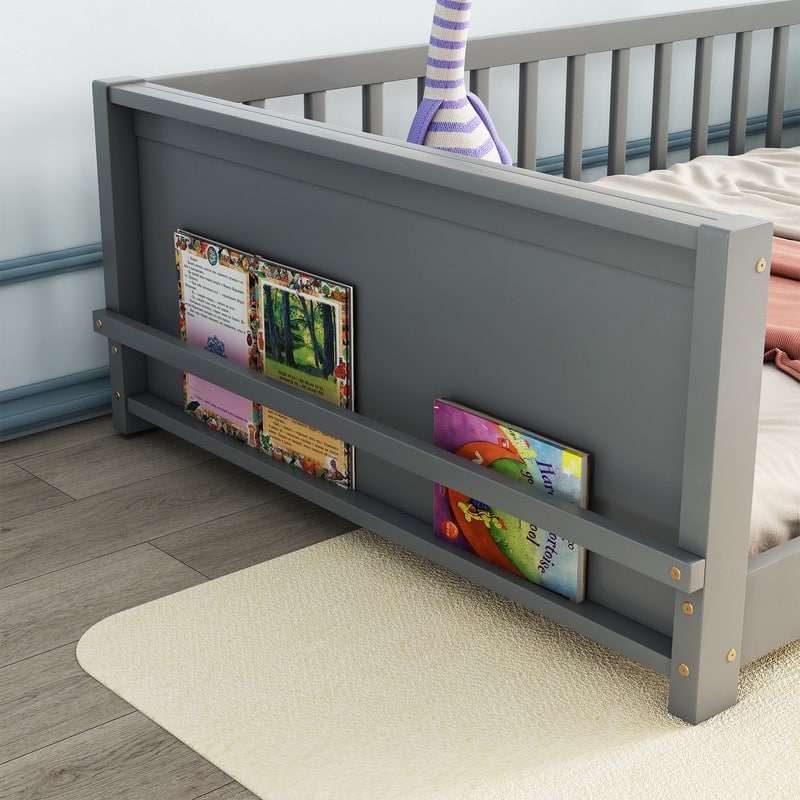 Floor Platform Bed with Built-in Book Storage Rack,Twin Size