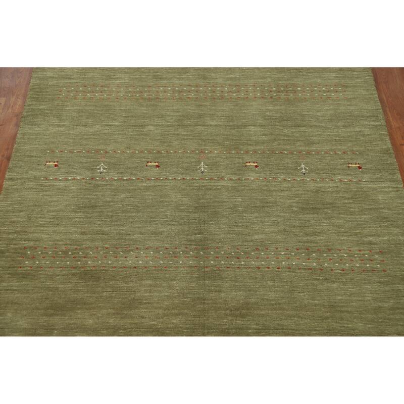 Modern Green Gabbeh Indian Rug Handmade Tribal Wool Carpet - 5'1" x 7'8"