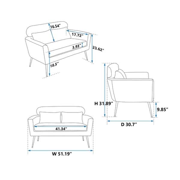 dimension image slide 0 of 3, Loveseat, Lounge Sofa, Double Seat Removable Headrest with 2 Pillows