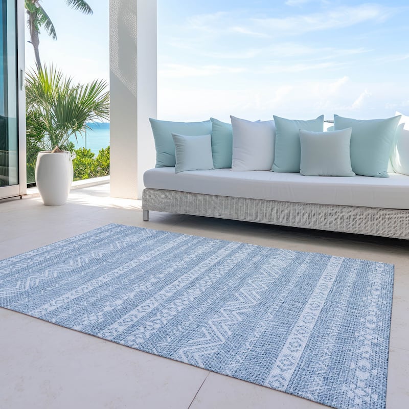 Machine Washable Indoor/ Outdoor Chantille Boho Stripes Rug - Blue - 3' x 5'