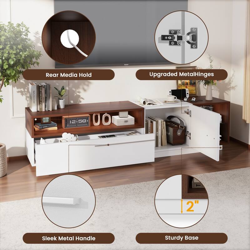 Meyreso 70.8" Modern High Gloss White & Walnut TV Stand with LED Lighting and Open Storage - 70 inches