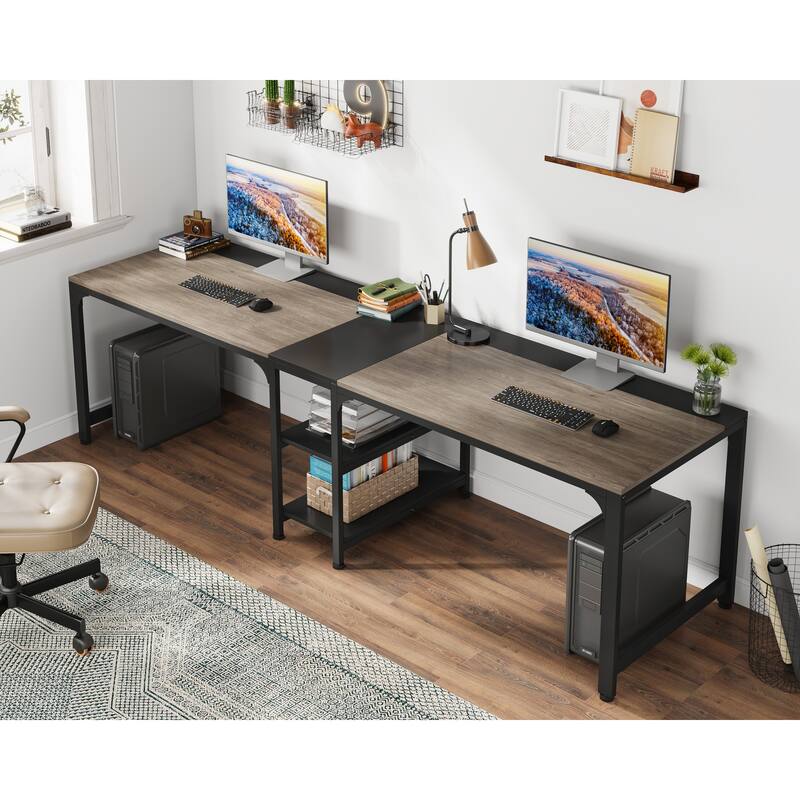 2 Person Double Computer Desk with Storage Shelves - Black & Gray