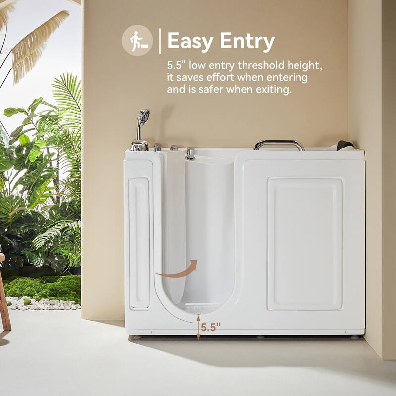 HOROW 52.5 x 26.5 Inch Left Drain Quick Fill Walk In Soaking Bathtub in White Chrome Trim - White