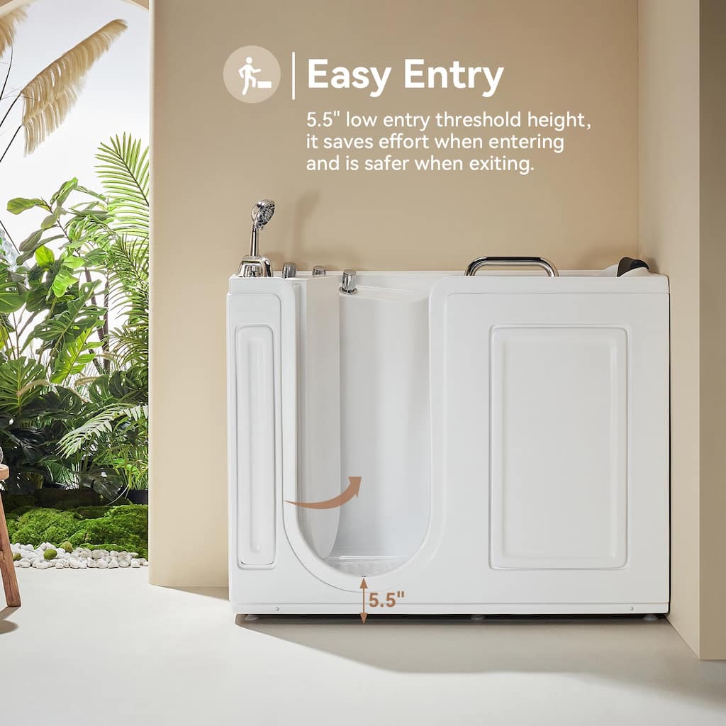 HOROW 52.5 x 26.5 Inch Left Drain Quick Fill Walk In Soaking Bathtub in White Chrome Trim