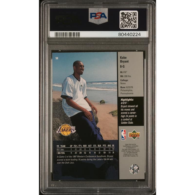 Kobe Bryant 1997 Upper Deck Basketball Card #58 Graded PSA 9 - 8'6" x 11'6"