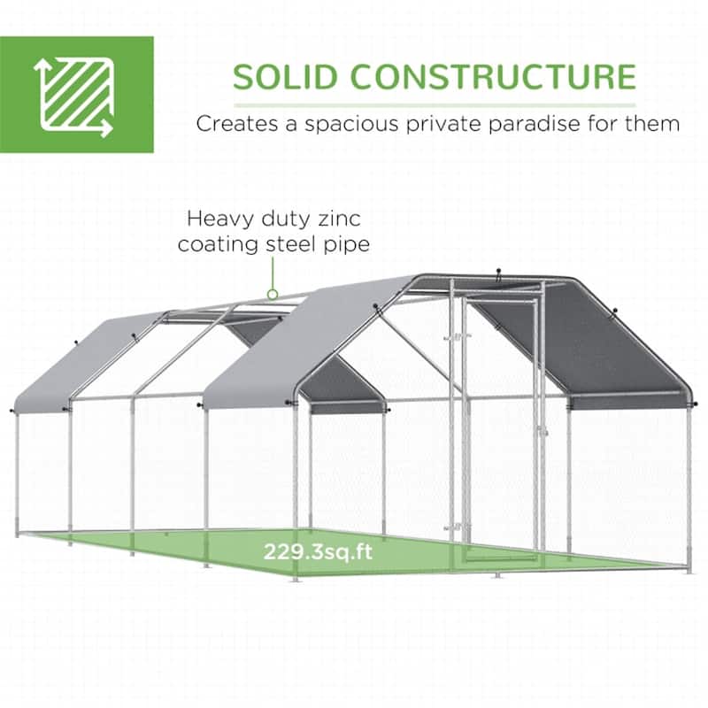 Silver Galvanized Metal Chicken Run with UV Protection and Lockable Door - 9' W x 24' D x 6.5' H