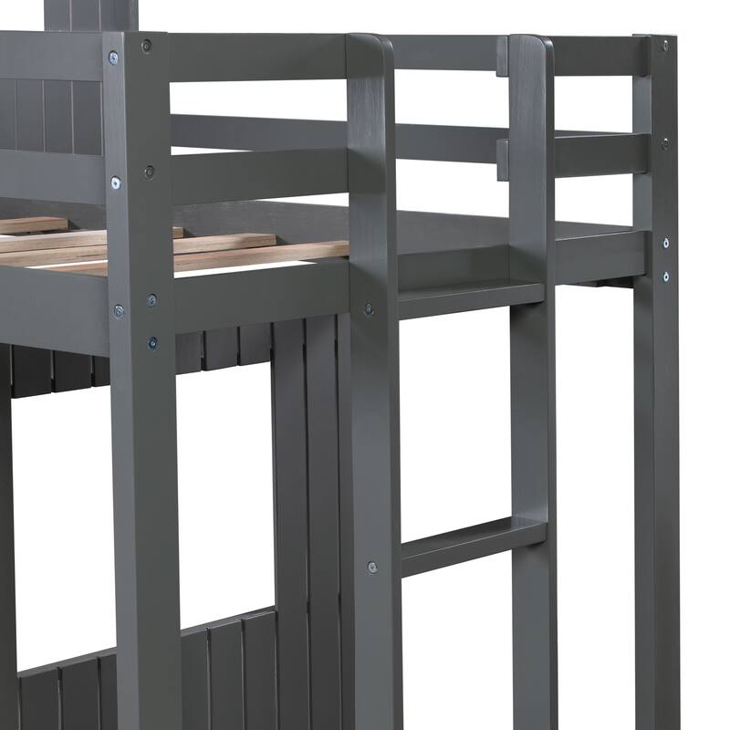 Twin Over Full House Bunk Bed Wooden Loft Bunk Bed Frames with Playhouse, Farmhouse, Ladder and Guardrails for Boys or Girls