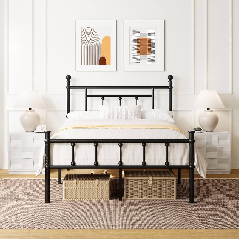 Black Metal Bed Frame with Headboard and Underbed Storage, Easy Assembly - Queen