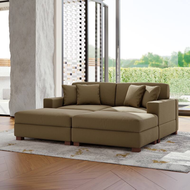 Modular Corduroy Sectional Sofa Set Chaise Couch with Ottoman - Camel-4 Piece/2