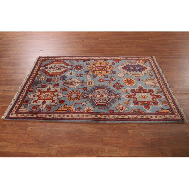 Light Blue Geometric Oushak Oriental Foyer Rug Handmade Wool Carpet - 4'0"x 6'2"