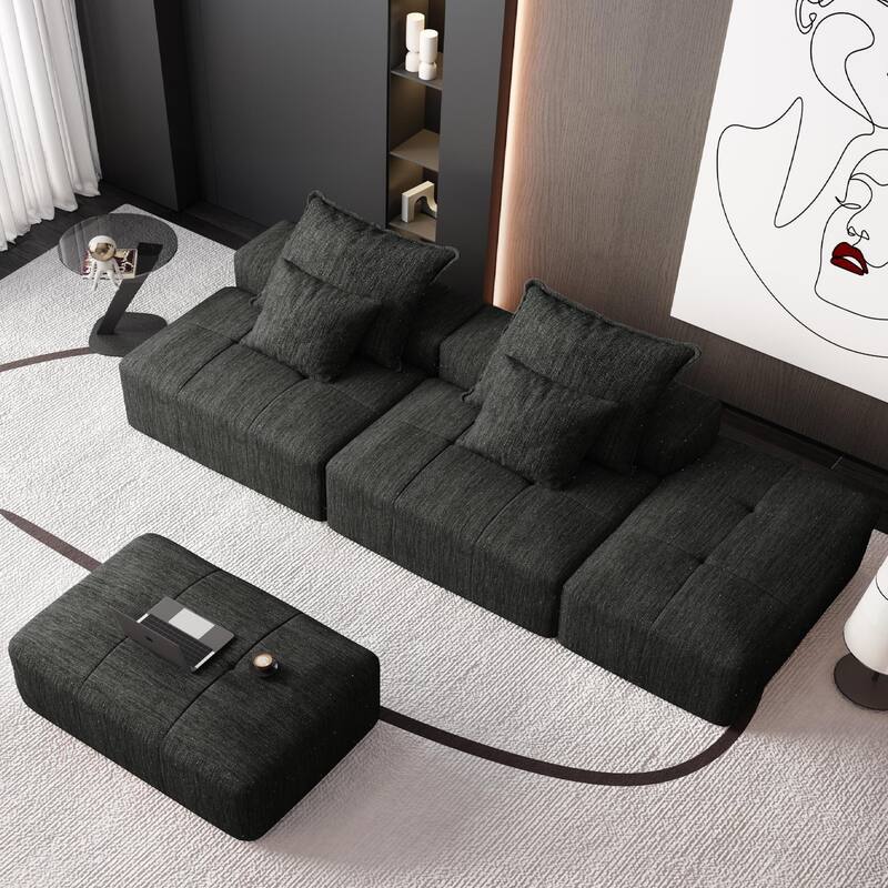 Floor Sofa Sectional Couch with 2 Ottoman, Modern Oversized Chenille Modular Sofa with 4 Pillows for Apartment