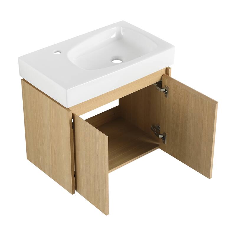 24 Inch Bathroom Vanity with Basin, Wall Mounted Floating Vanity Sink Combo, Wooden Storage Cabinet with Double Doors
