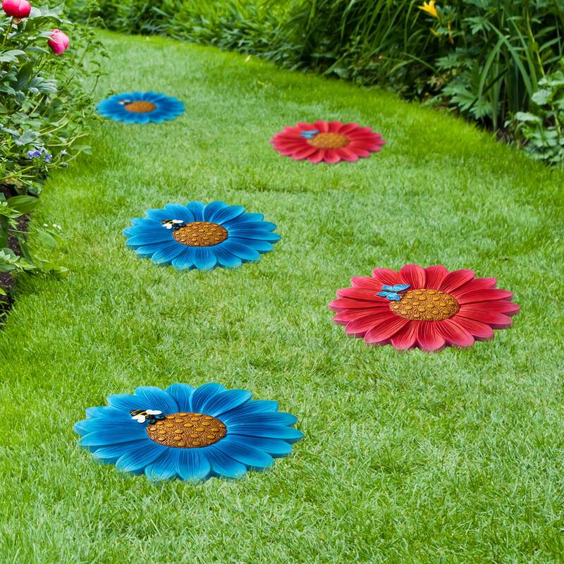 Glitzhome 2-Piece Butterfly and Bee on Daisy Cement Stepping Stones Pathway Decor - 10 in