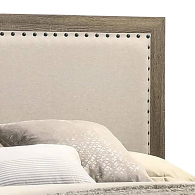 Shannon King Panel Bed with Nailhead Trim, Ivory Fabric, Gray Wood