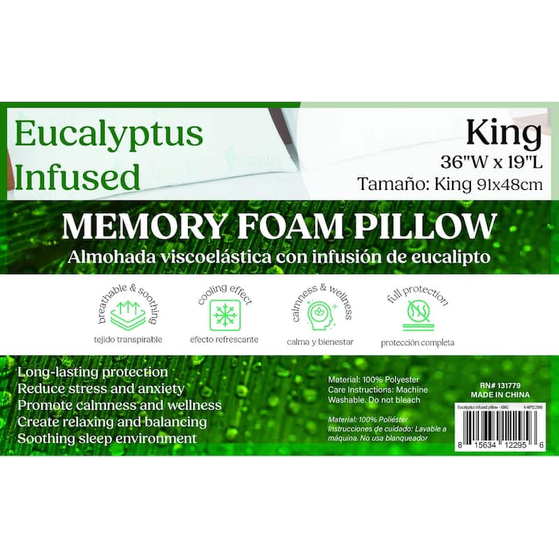 Memory Foam Bed Pillow Queen Eucalyptus Infused - Cooling, Breathable, and Stress-Reducing Pillow - White