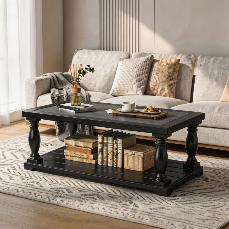 Farmhouse 2-Tier Wooden Coffee Table with Turned Solid Wood Legs for Living Room, Cottage, Home Decor