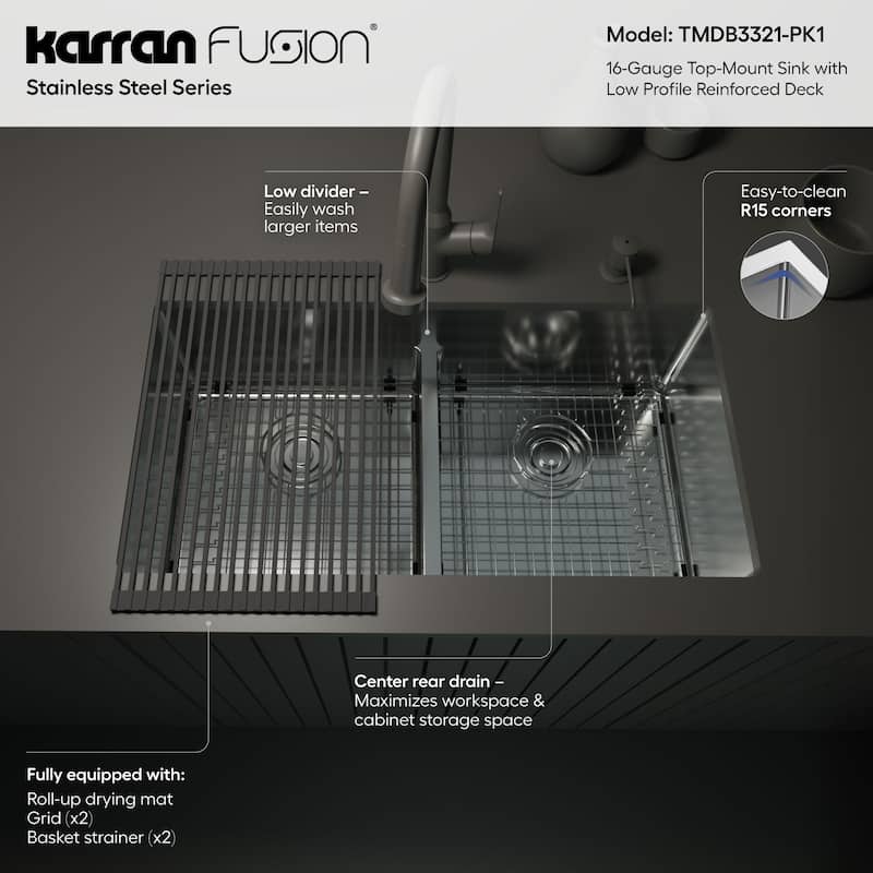Karran Fusion Top Mount 33-in x 22-in Stainless Steel Double Equal Bowl Kitchen Sink