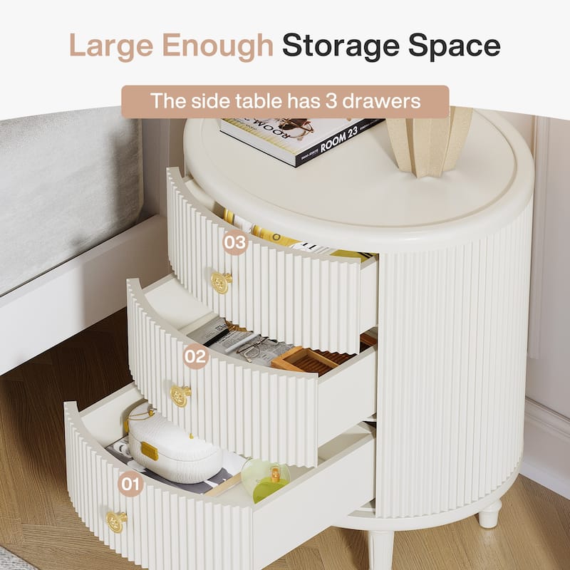 Nightstand with 3 Drawers, Farmhouse Night Stand with Storage for Bedroom, Beige White