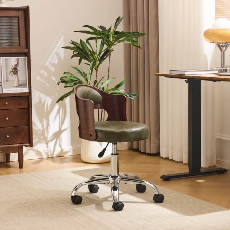 Ring-Shaped Wooden Back Office Chair With Foot Spikes And Wheels