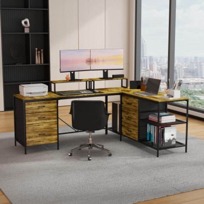 Industrial L-Shaped Desk with Power Outlets, 6 Fabric Drawers & 3 Shelves, Large Corner Office Gaming Desk
