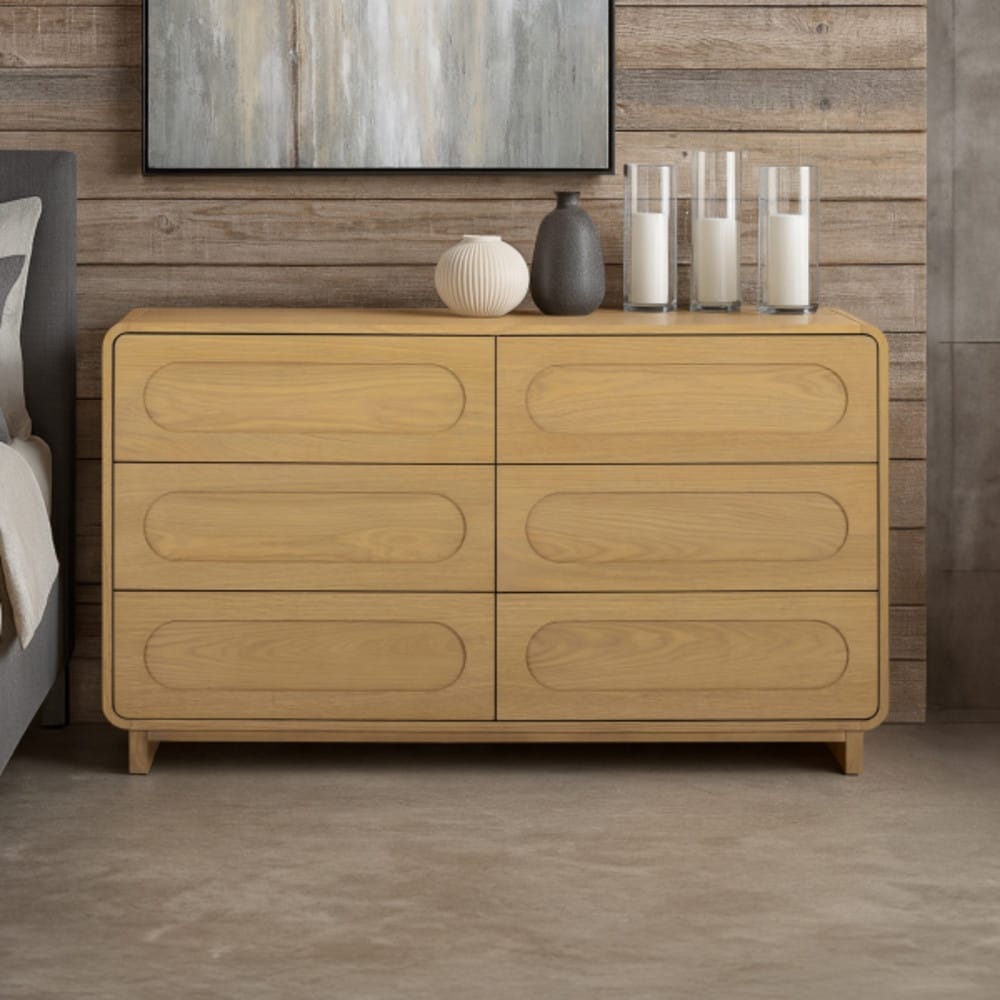 Teamson Home Tenley 55 in. W 6-Drawer Dresser with Oak Veneer & Solid Wood Frame, Push-to-Open Drawers, Bedroom Storage Chest