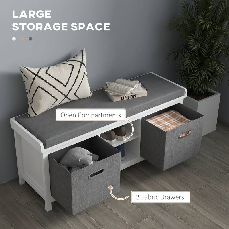 Upholstered Seat Storage Bench with Adjustable Shelves, White Gray Shoe Bench Entry Footrest Bench with Fabric Drawer