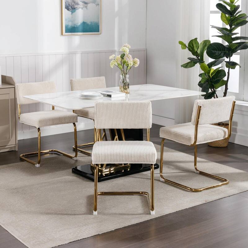 Modern Corduroy Dining Chairs - Gold Metal Base - Armless - Channel Tufting - Set of 2