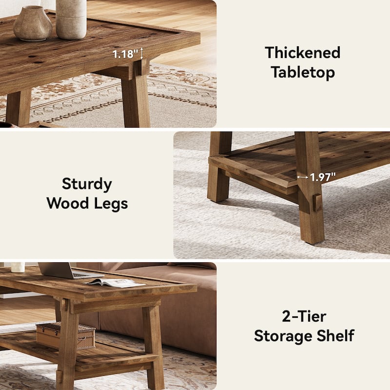 47-inch Rustic Solid Wood Coffee Table with Storage