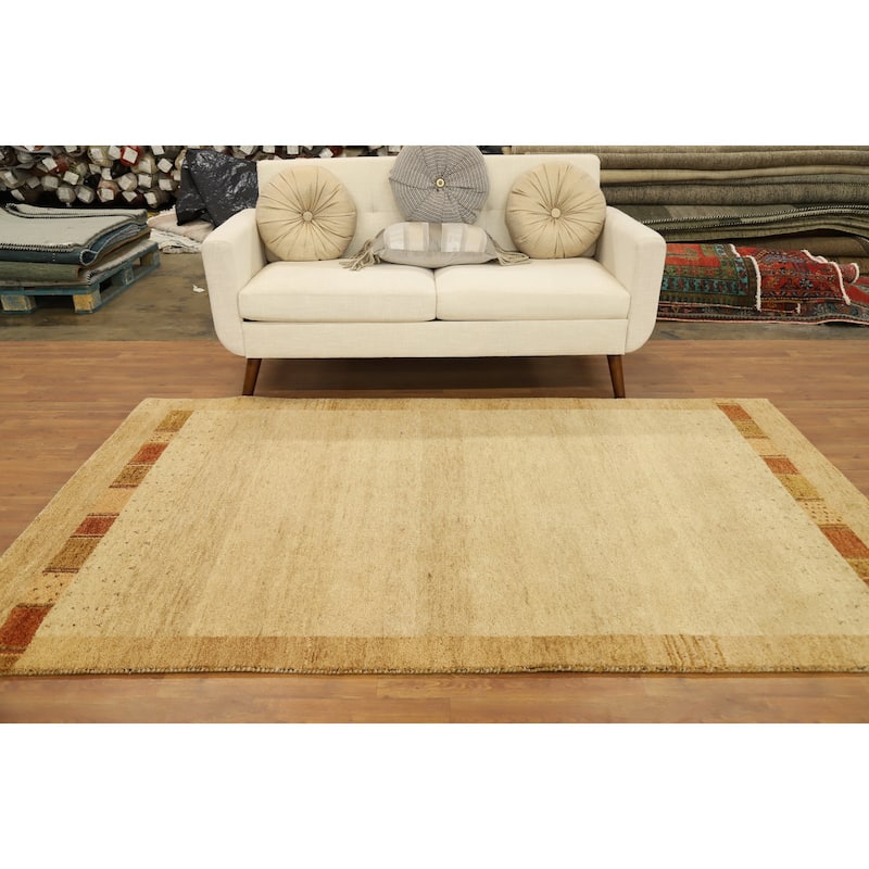 Hand Knotted Oriental 100% Wool Carpet Modern Geometric Beige & Ivories Gabbeh Area Rug - 7' 9'' X 4' 11''