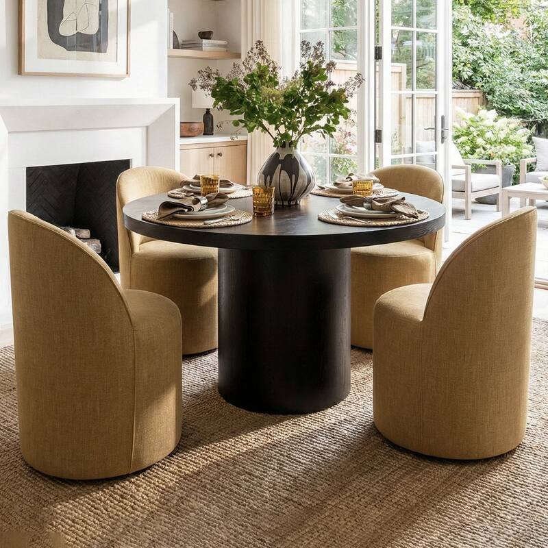 Upholstered Barrel Linen Dining Chair with Casters(Set of 4) - Set of 4 - Sesame