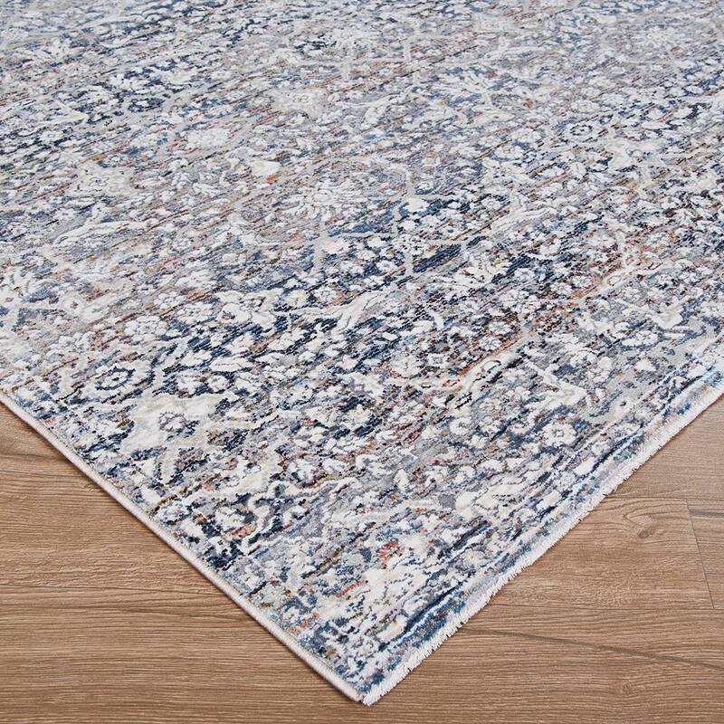 Dream Decor Rugs Bridgeport Sovana Beige Blue Floral Fringed Area Rug