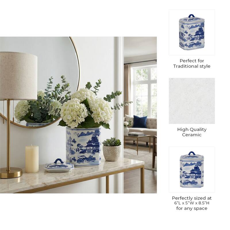 Rectangular Chinoiserie Ceramic Table Jar with Lid