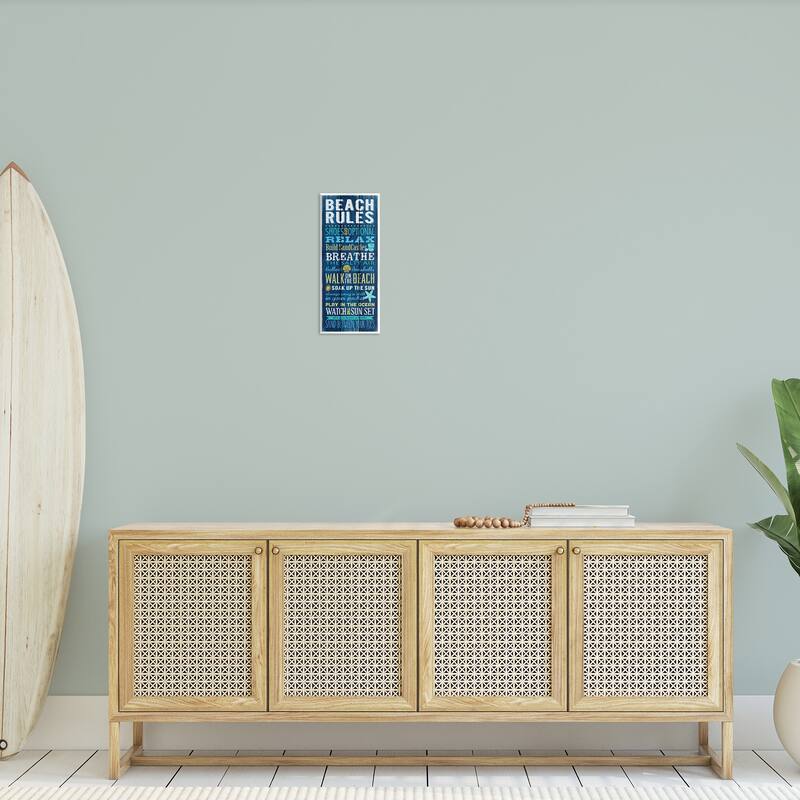 Stupell Beach Rules Sign Blue Planked Pattern Motivational Phrases Wood Wall Art - White