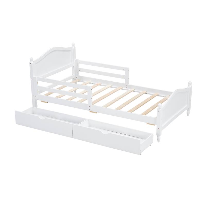 Wood Platform Bed with Guardrails on Both Sides and Two Storage Drawers