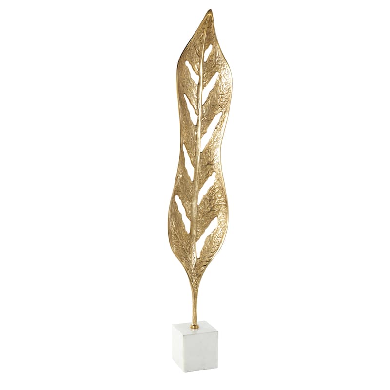 Gold Aluminum Metal Tall Textured Cutout Leaf Sculpture with White Marble Base
