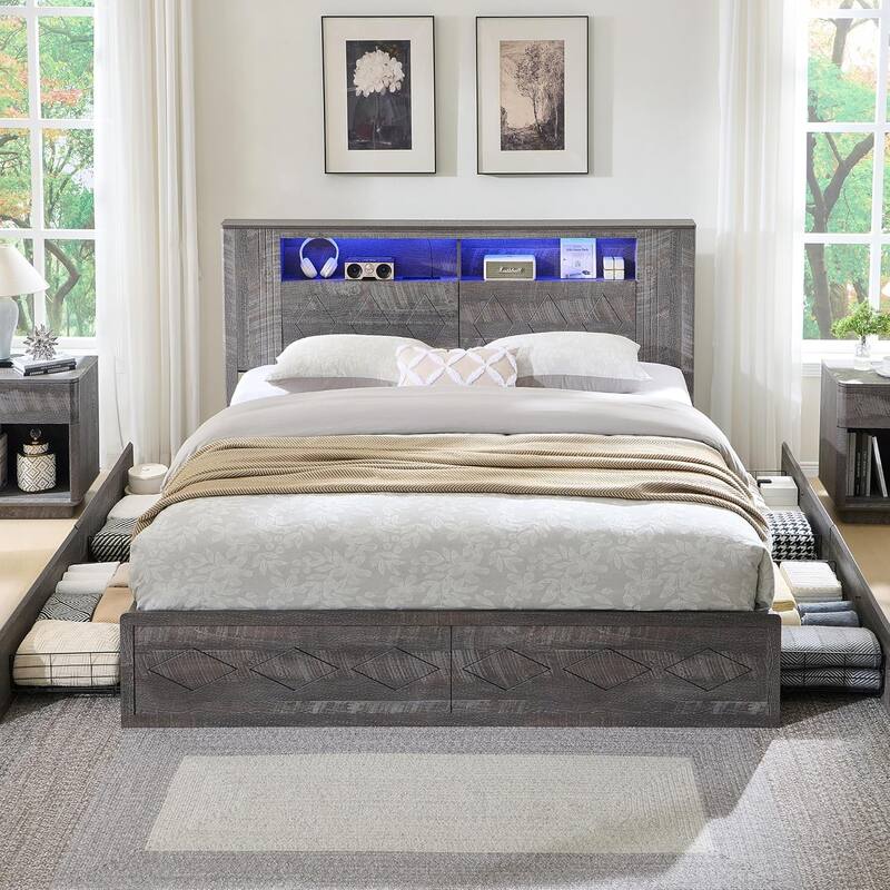 Modern Queen Size Wood Bed Frame with Charging Station and LED Lights