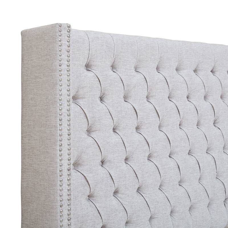 Grey Queen Upholstered Wingback Headboard with Tufted Buttons and Nailhead Trim