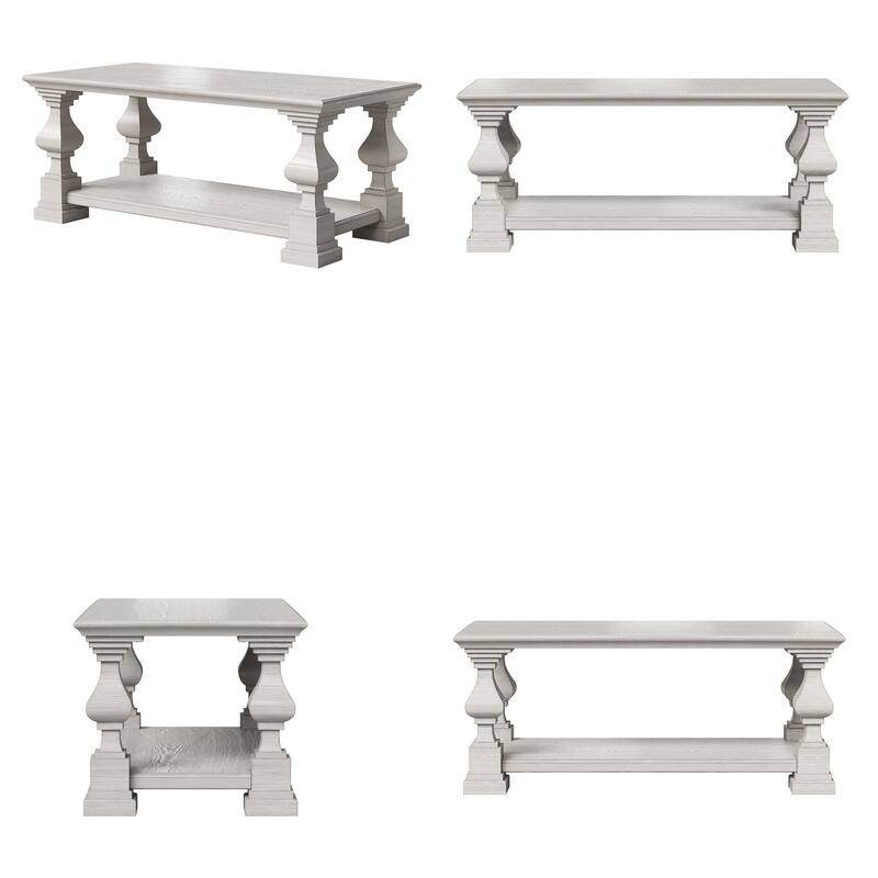 Solid Wood Coffee Table with Storage Shelf, White Washed Rustic Living Room Center Table