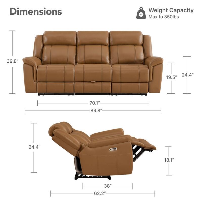 Spruce & Spring Genuine Leather Power Reclining Sofa with Optional Console & Flip-Down Table