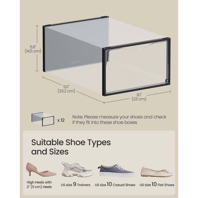12 Pack Clear Plastic Stackable Shoe Boxes with Doors and Cutout Handles for Closet Storage - 9.1”L x 13.1”W x 5.6”H
