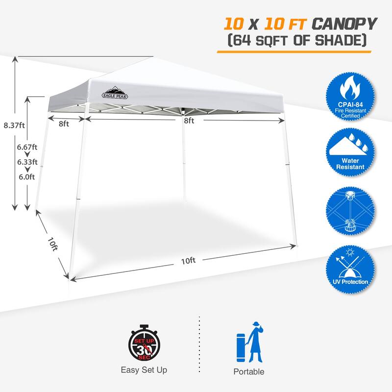 EAGLE PEAK 10x10 Slant Leg Pop-up Canopy Tent Outdoor Beach Canopy Folding Portable Shelter 10x10 Base 8x8 Top (Blue)