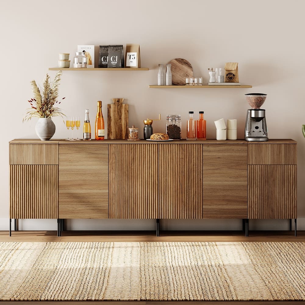 94.5" Modern Reeded 4-Door Sideboard With Charging, 4-In-1 Wooden Credenza Storage Cabinet