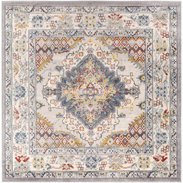 Elmas Traditional Persian Medallion Area Rug - 7'10" Square - Grey