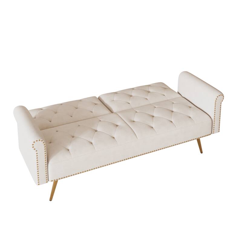 A 69.7-Inch-Long Sofa Bed Covered In Velvet Fabric, Featuring Nail Head Trim And Accompanied By A Matching Throw Pillow