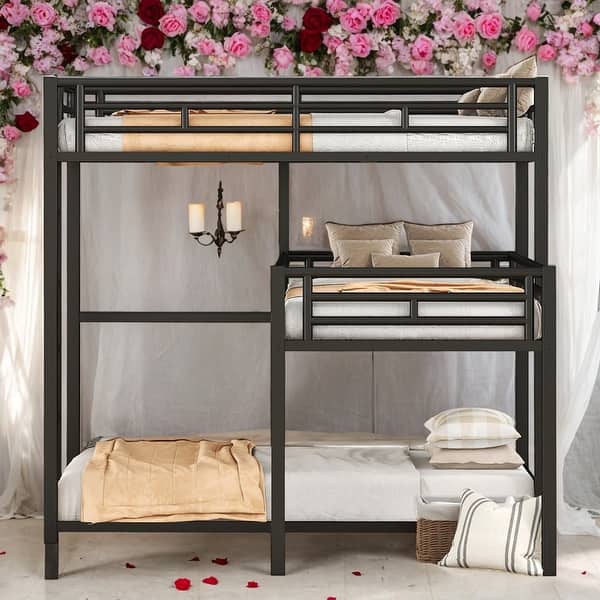 slide 2 of 12, Multifunctional L-shaped Metal Triple Twin Size Bunk Bed for Home Black